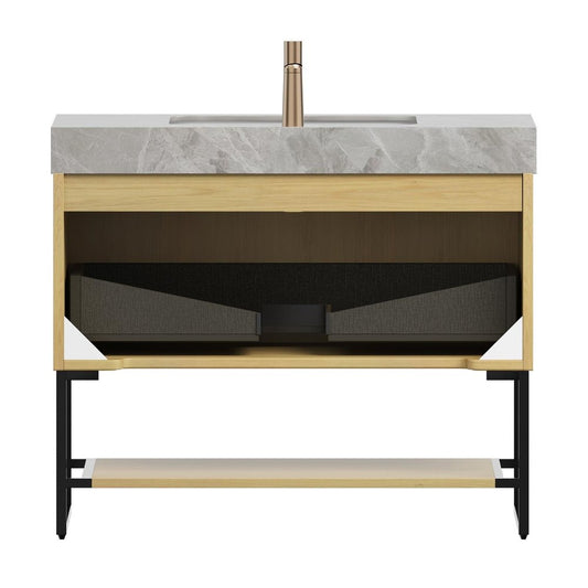 36" Brown Wood Bathroom Vanity With White Ceramic Sink