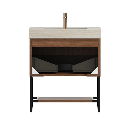 30" Brown Wood Bathroom Vanity With White Ceramic Sink