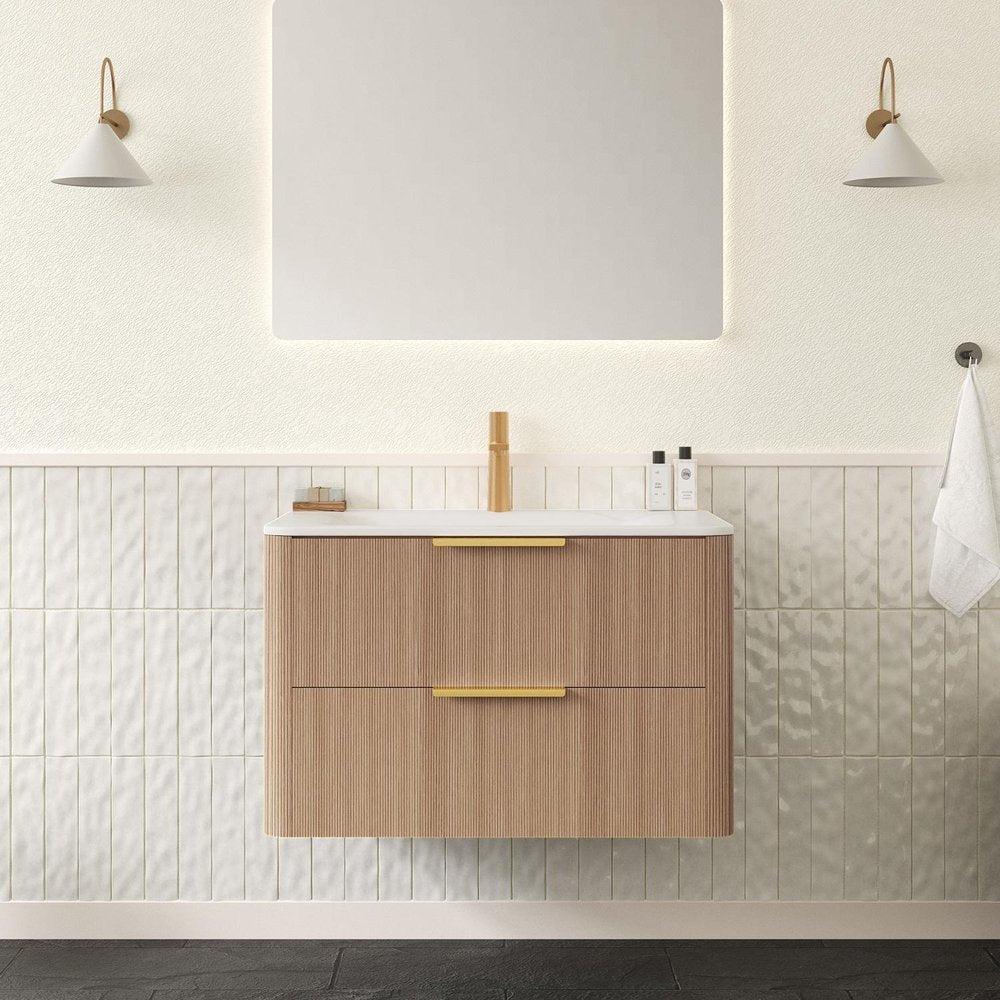 30" Brown Wood Floating Bathroom Vanity With White Ceramic Sink With Two Drawers HomeRoots