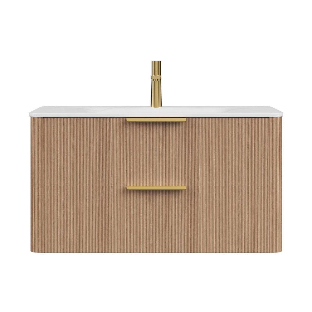 36" Brown Wood Floating Bathroom Vanity With White Ceramic Sink With Two Drawers
