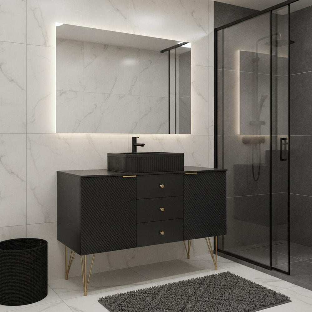 48" Black Wood Three Door Bathroom Vanity With Ceramic Sink With Two Drawers HomeRoots