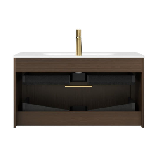 36" Brown Wood Floating Bathroom Vanity With White Ceramic Sink With Two Drawers