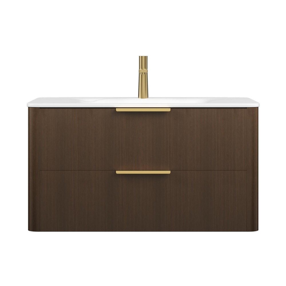 36" Brown Wood Floating Bathroom Vanity With White Ceramic Sink With Two Drawers HomeRoots