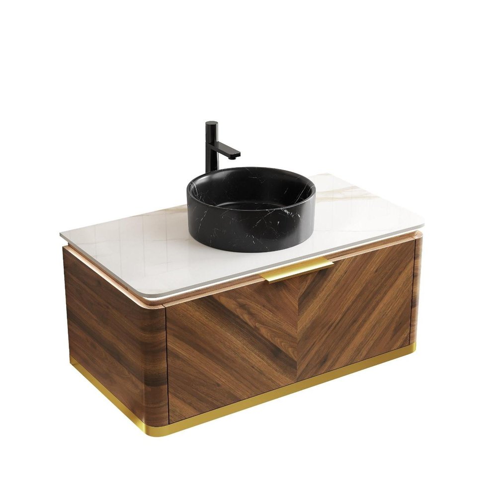 36" Brown Wood Floating Bathroom Vanity With Black Ceramic Sink HomeRoots
