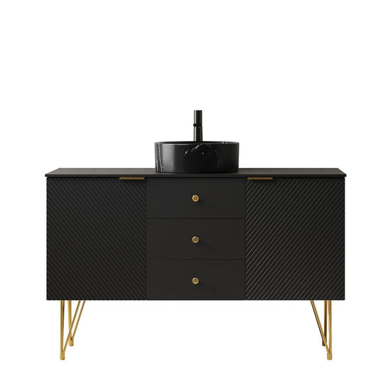 48" Black Wood Three Door Bathroom Vanity With Ceramic Sink With Two Drawers