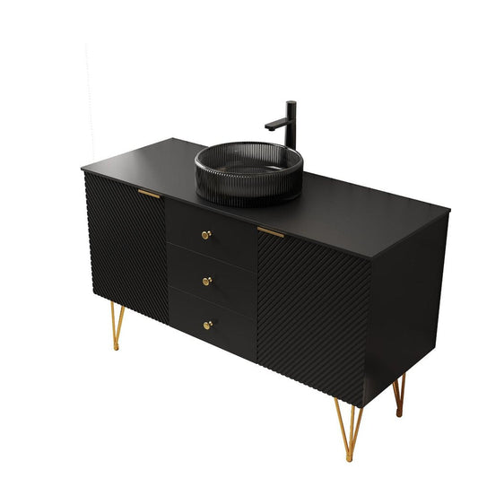 48" Black Wood Three Door Bathroom Vanity With Glass Sink With Two Drawers