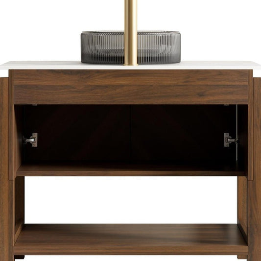 36" Brown Wood Bathroom Vanity With Black Glass Sink