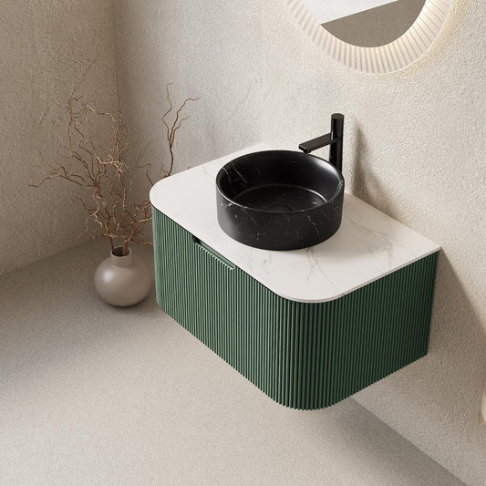 30" Green Wood Floating Bathroom Vanity With Black Ceramic Sink