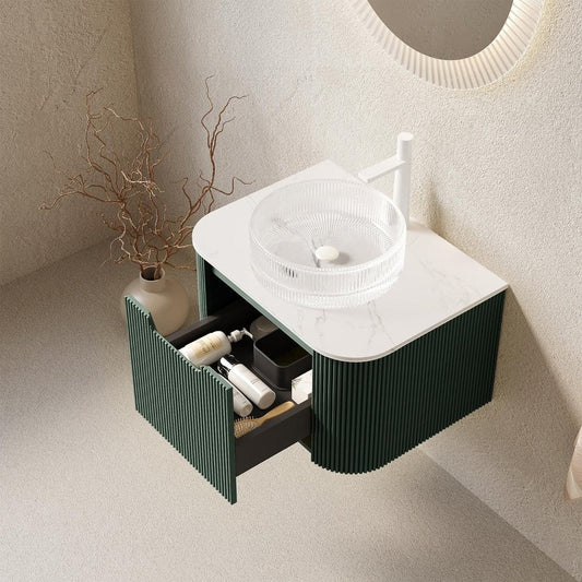 24" Green Wood Floating Bathroom Vanity With White Glass Sink