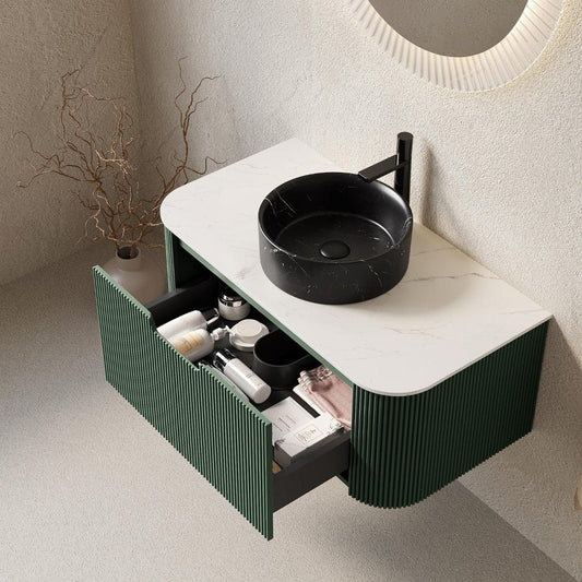 36" Green Wood Floating Bathroom Vanity With Black Ceramic Sink