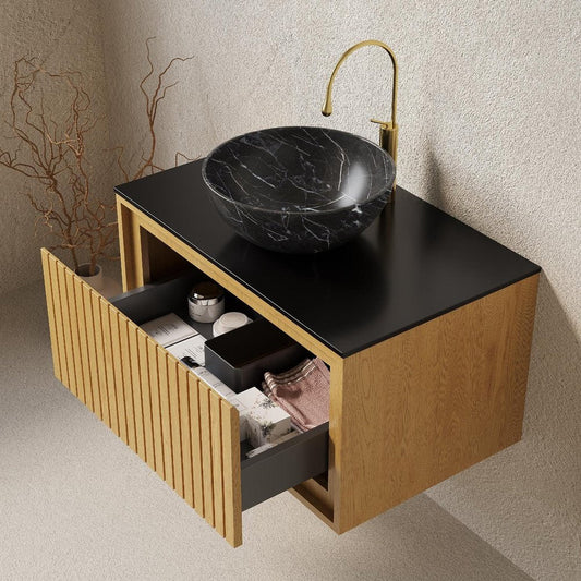 30" Brown Wood Floating Bathroom Vanity With Black Ceramic Sink