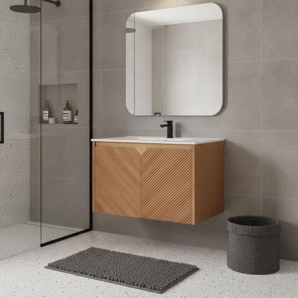 24" Brown Wood Floating Double Door Bathroom Vanity HomeRoots