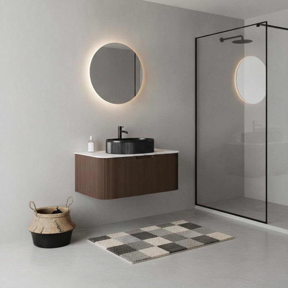 36" Brown Wood Floating Bathroom Vanity With Black Ceramic Sink HomeRoots