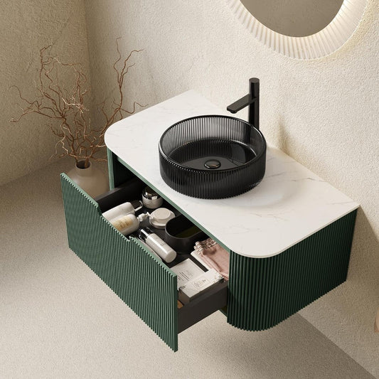 36" Green Wood Floating Bathroom Vanity With Black Glass Sink