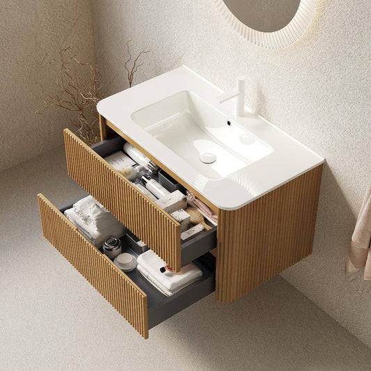 36" Brown Wood Floating Bathroom Vanity With White Ceramic Sink With Two Drawers