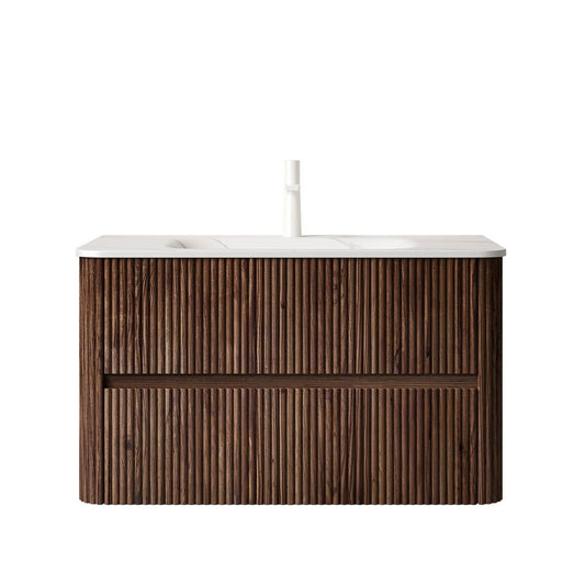 36" Brown Wood Floating Bathroom Vanity With White Ceramic Sink With Two Drawers