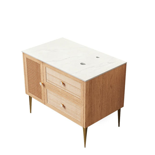 36" Brown Wood Floating Single Door Bathroom Vanity With Two Drawers