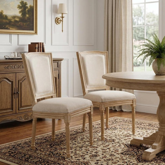 Set of Two Beige And Natural Linen And Solid Wood Dining Side Chairs