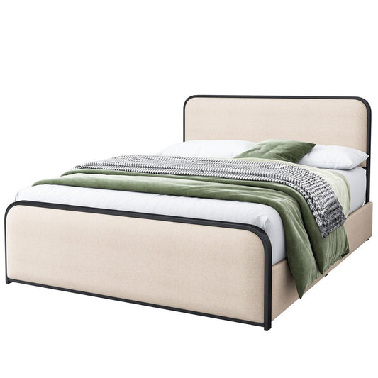 Natural And Beige Metal And Linen Upholstered Queen Bed Frame With Drawers With Drawers Storage