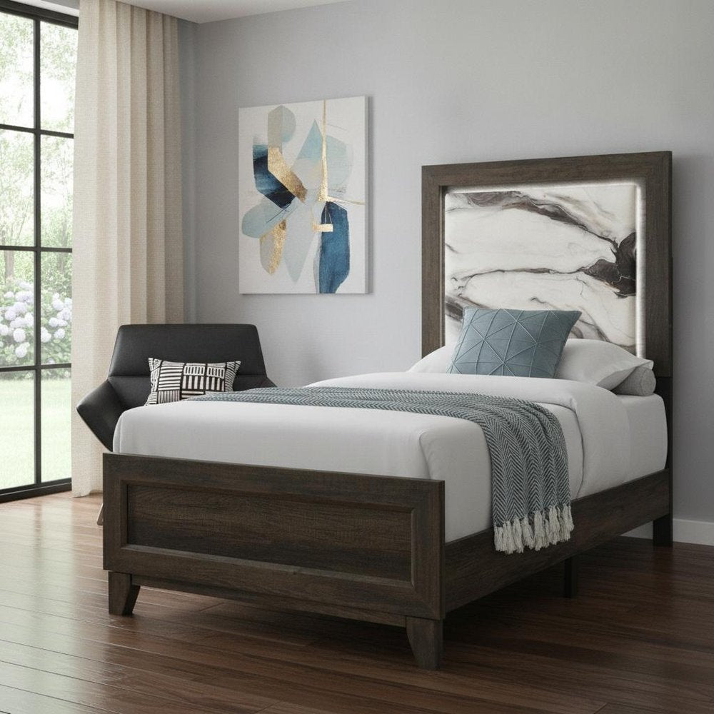 Brown Wood And Upholstery Lighted Upholstered Twin Bed Frame HomeRoots