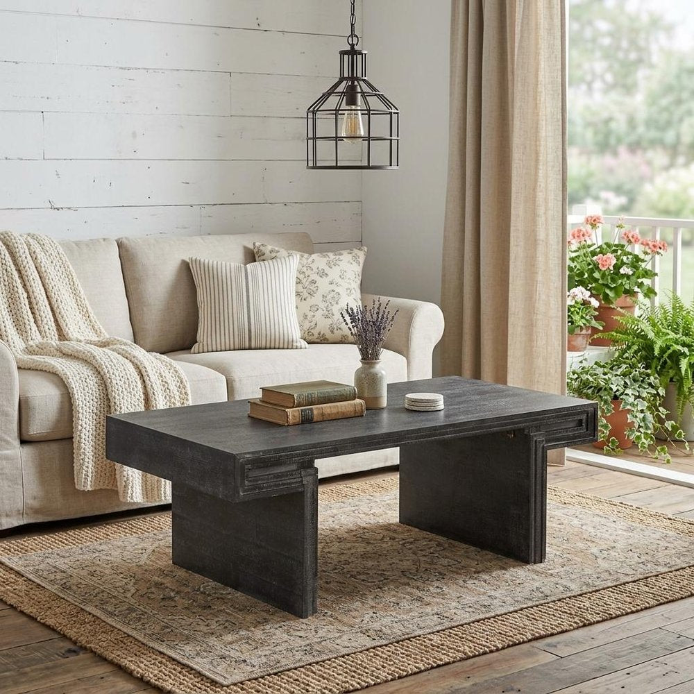 48" Black Wood And Solid Wood Distressed Frame Coffee Table HomeRoots
