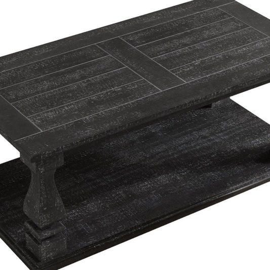 47" Black And Natural Wood And Solid Wood Square Pedestal Coffee Table