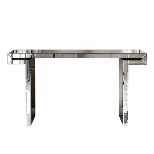60" Silver Glass And Solid Wood Pedestal Console Table