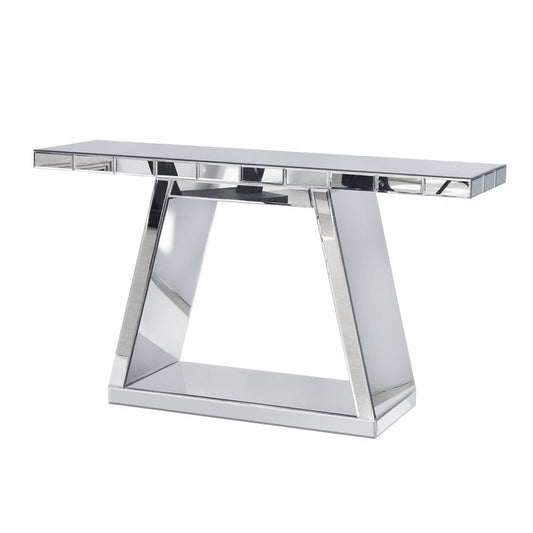 56" Silver Mirrored Glass Geometric Pedestal Console Table