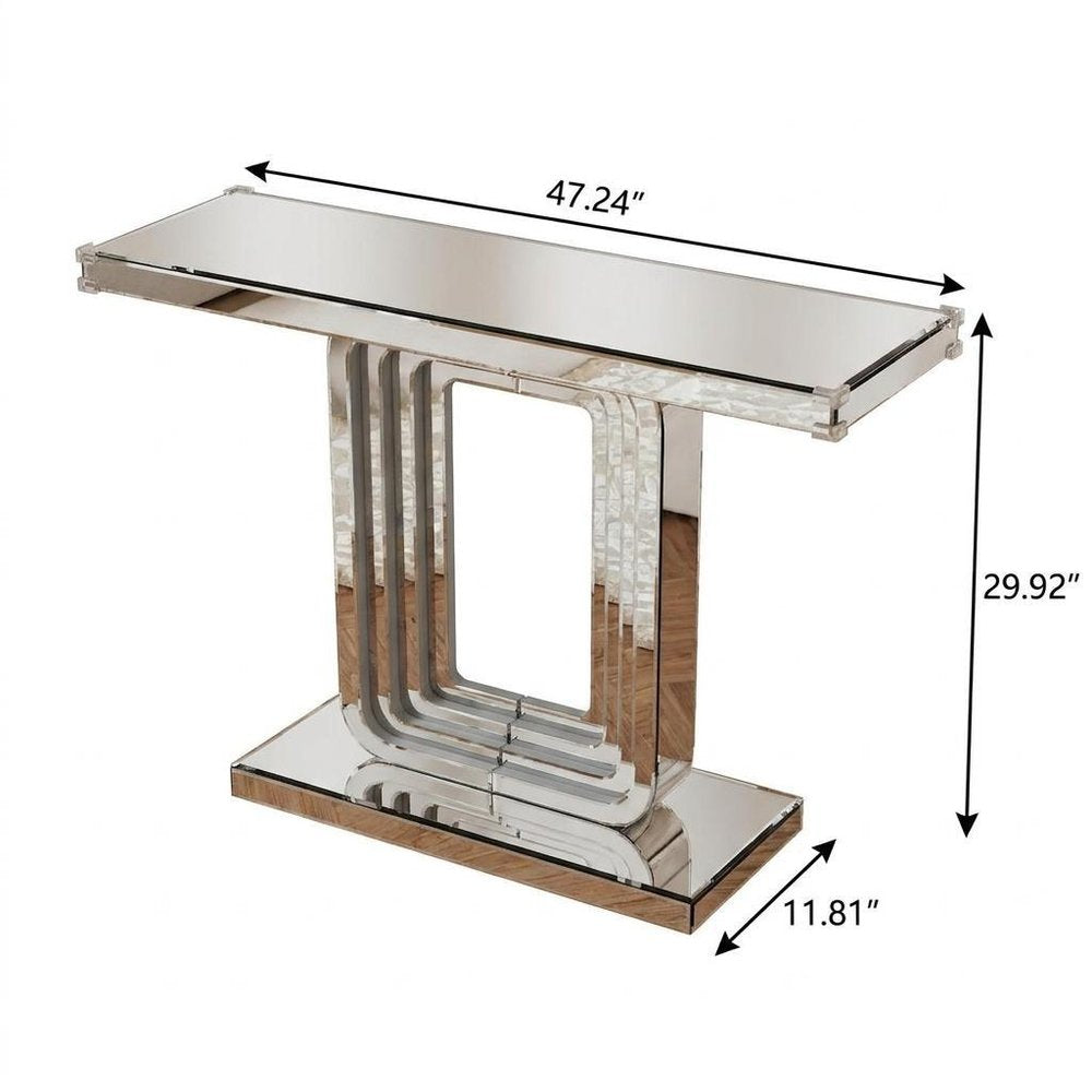 47" Silver Glass And Solid Wood Sled Console Table HomeRoots