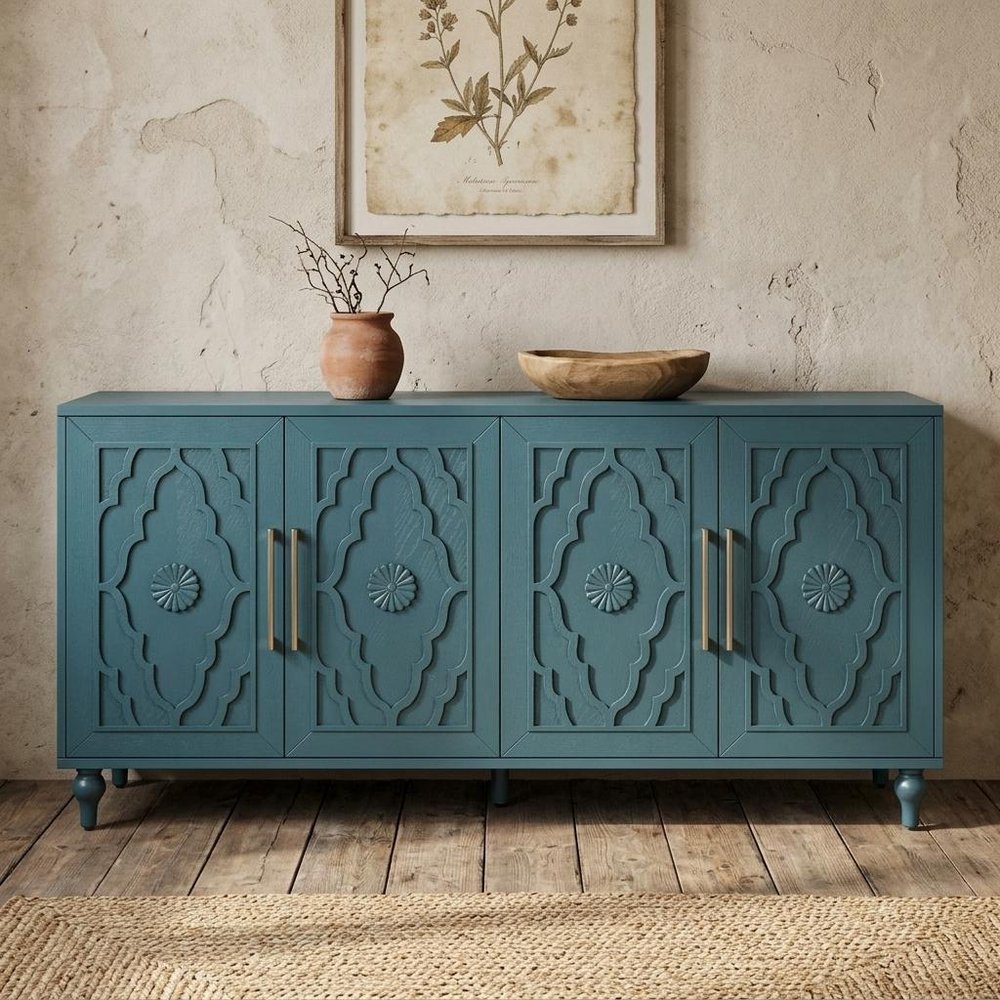 63" Teal Blue Wood Carved Scrollwork Sideboard With Four Doors