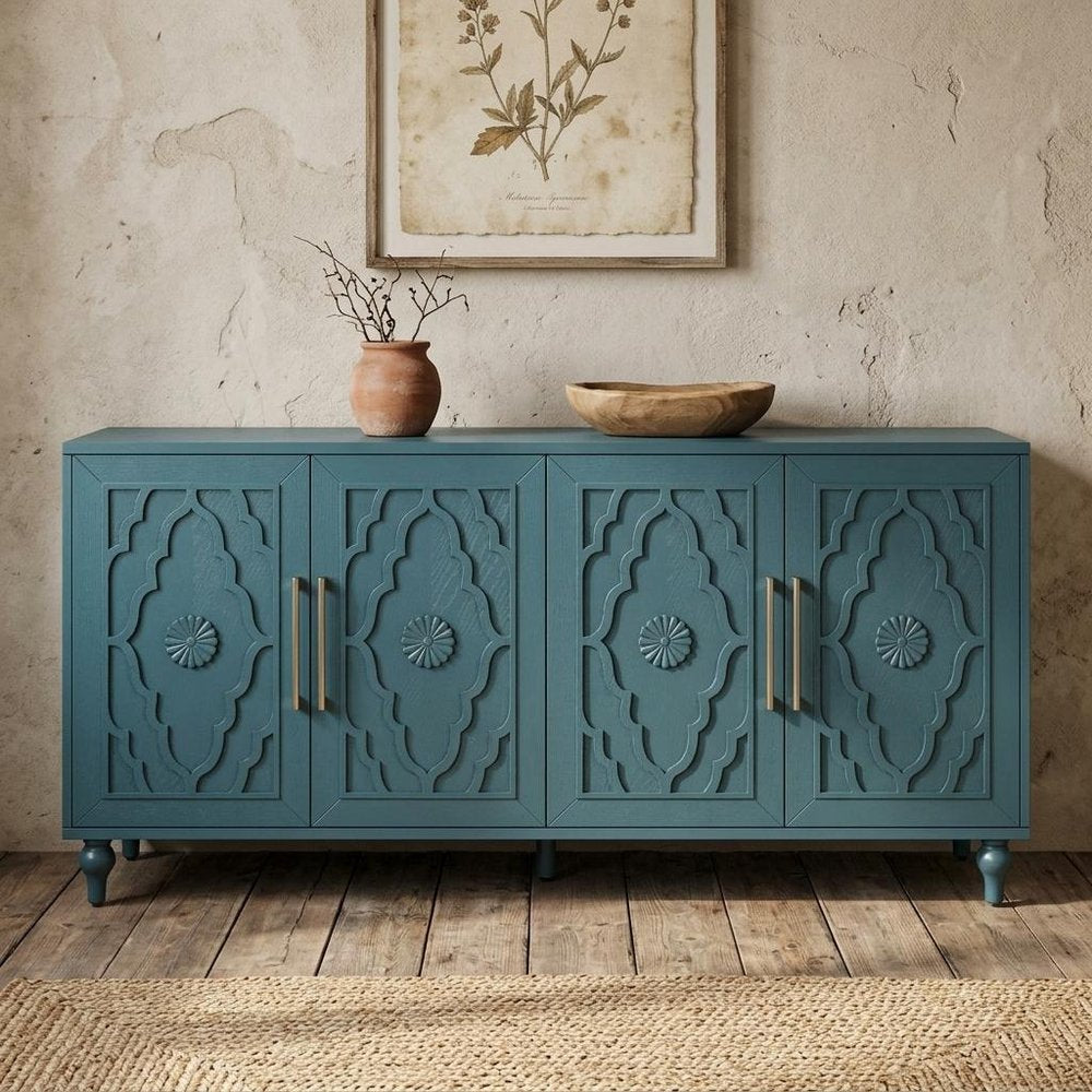 63" Teal Blue Wood Carved Scrollwork Sideboard With Four Doors HomeRoots
