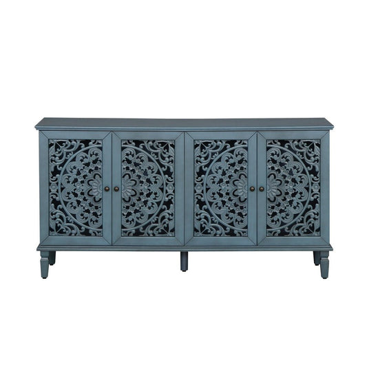 60" Blue Solid Wood Carved Floral Sideboard With Four Doors