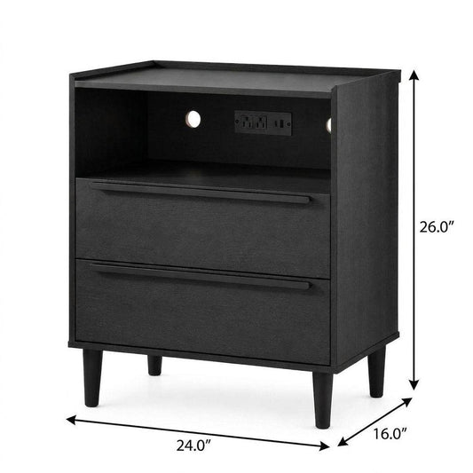 26" Espresso Wood Two Drawer Nightstand with USB Port and Integrated Tech