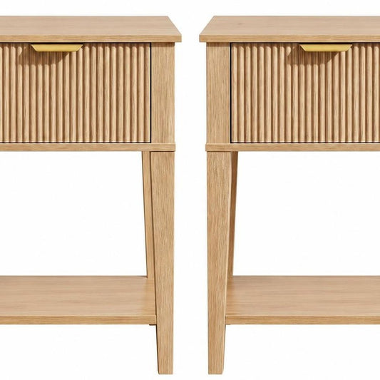 Set of Two 23" Natural Wood Ribbed Texture One Drawer Nightstand