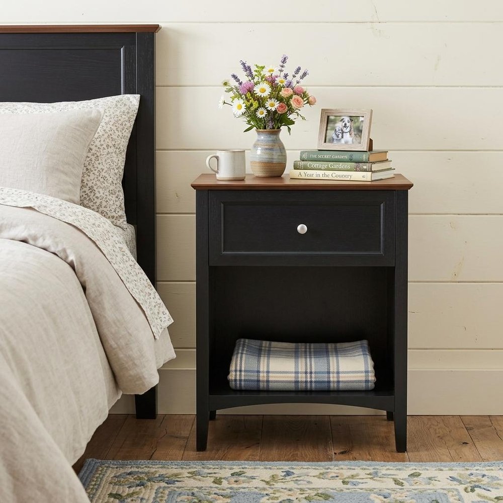 26" Black Wood One Drawer Nightstand HomeRoots