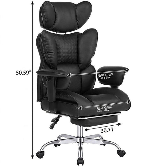 Black Faux Leather Swivel Rolling Gaming Chair With Footrest