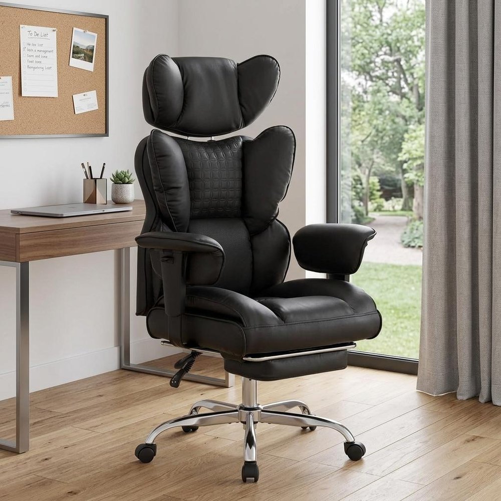 Black Faux Leather Swivel Rolling Gaming Chair With Footrest HomeRoots