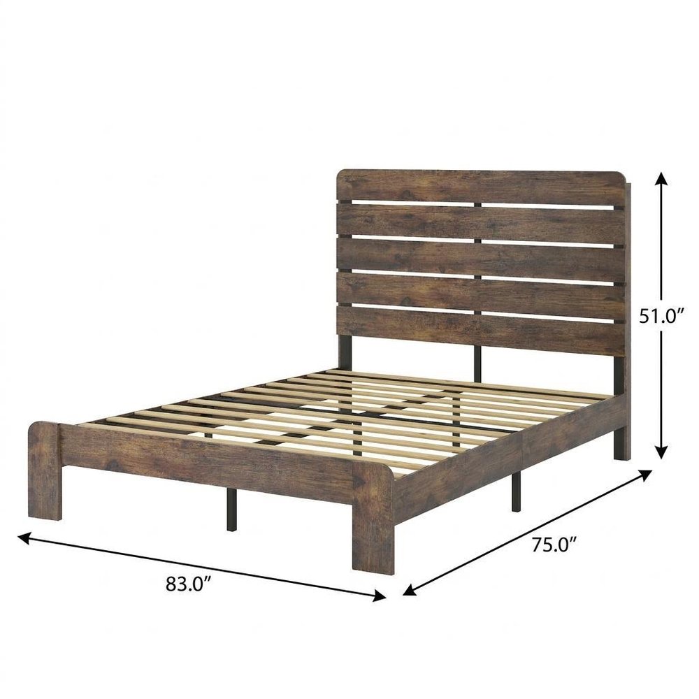 Dark Brown Slat Back Distressed Solid Wood King Bed Frame