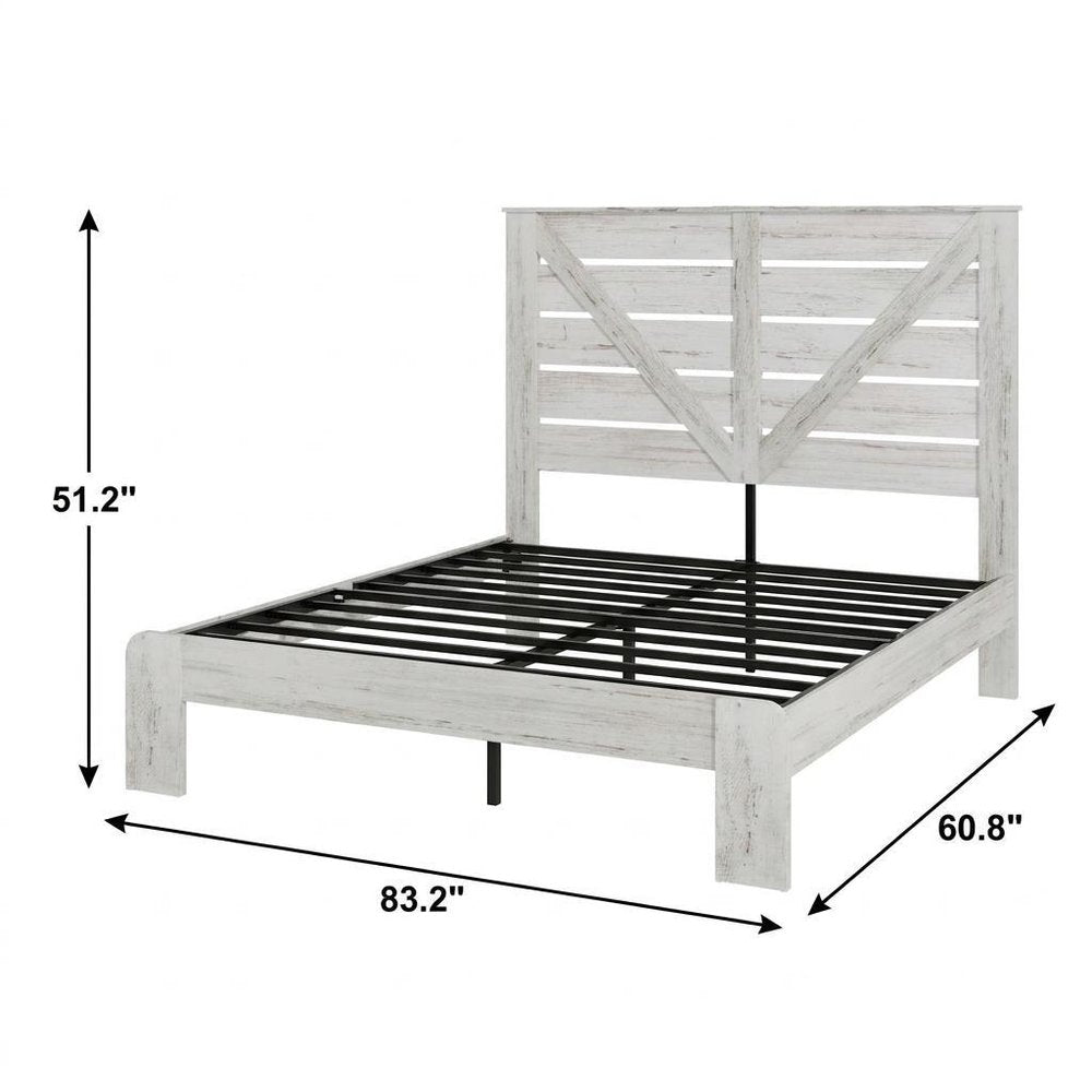 White Slat Back Wood And Steel Queen Bed Frame