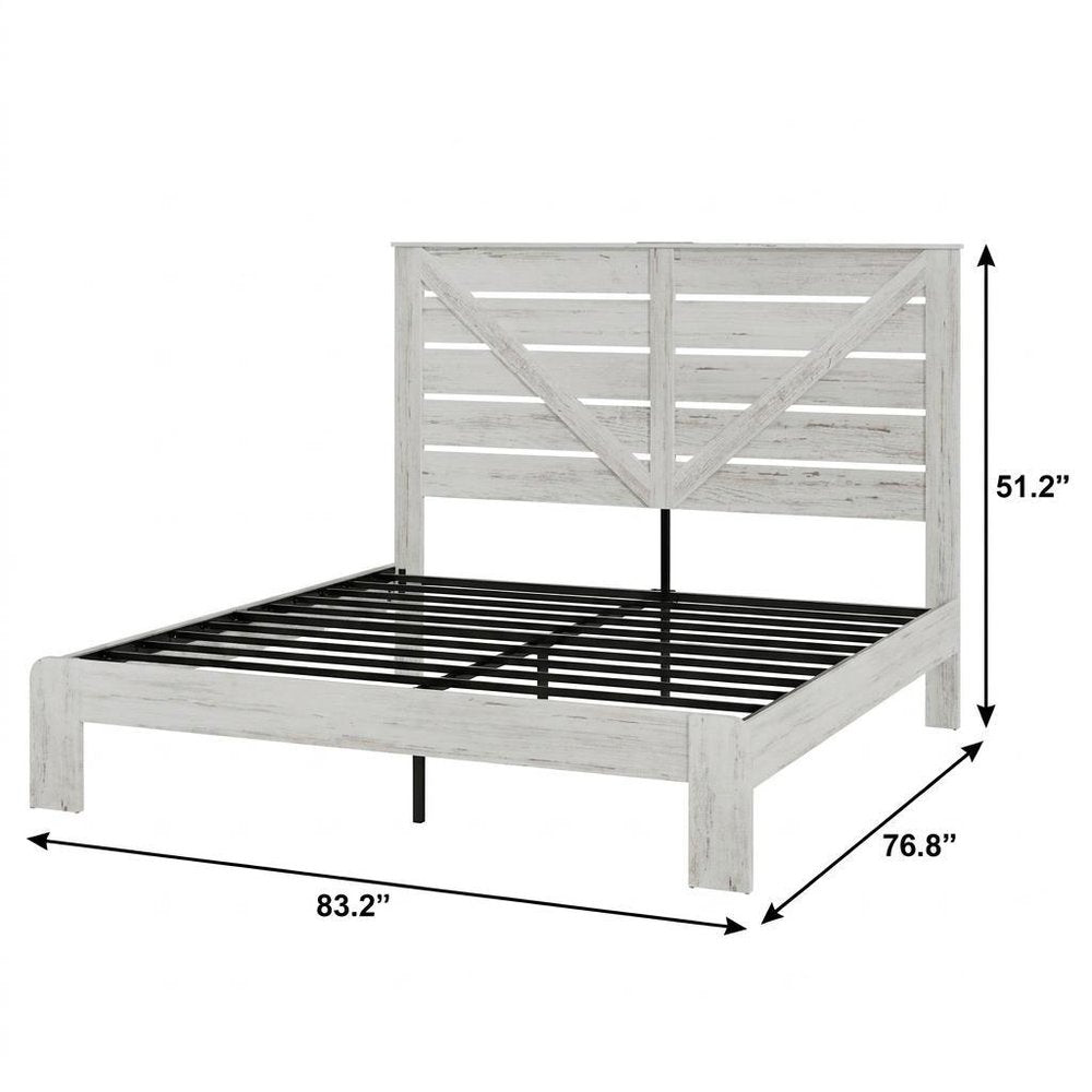 White Slat Back Wood And Steel King Bed Frame