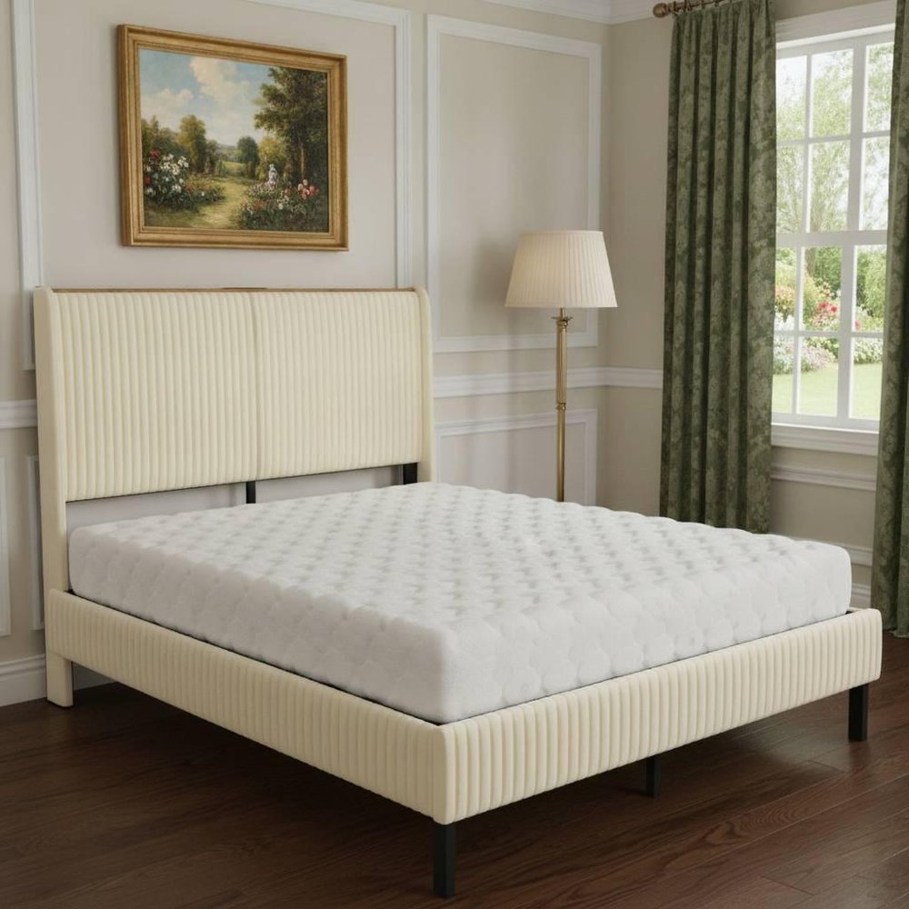 Beige Steel And Metal And Linen Blend Upholstered Full Bed Frame With USB HomeRoots