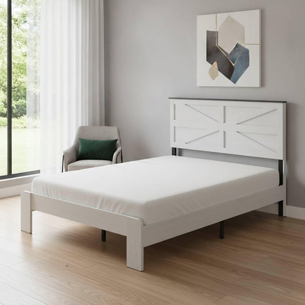 White Metal And Solid Wood Full Bed Frame HomeRoots