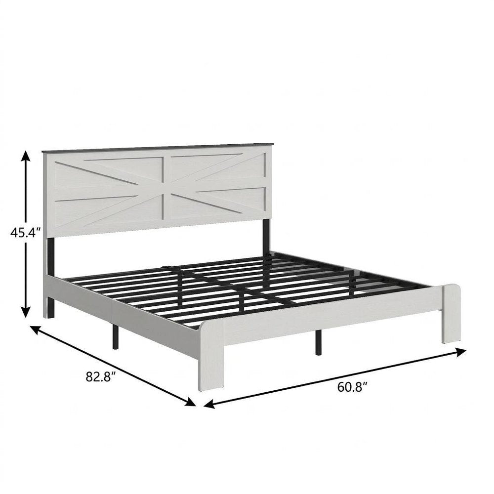 White Inlaid Panels Solid Wood And Steel Queen Bed Frame