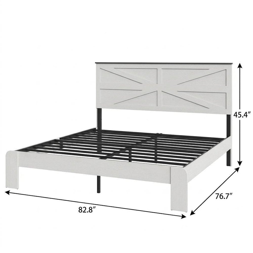 White Inlaid Panels Solid Wood And Steel King Bed Frame