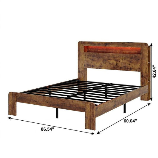 Brown Solid Wood Lighted Queen Bed Frame With USB