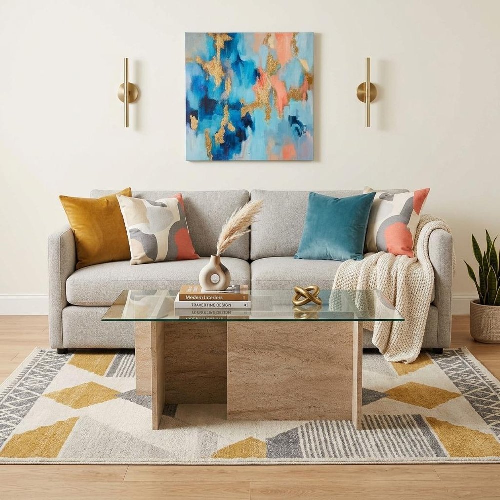 42" Clear And Stone Glass And Wood Double Pedestal Coffee Table