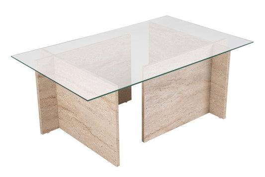 42" Clear And Stone Glass And Wood Double Pedestal Coffee Table