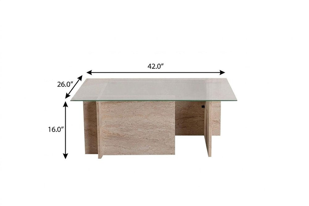 42" Clear And Stone Glass And Wood Double Pedestal Coffee Table HomeRoots