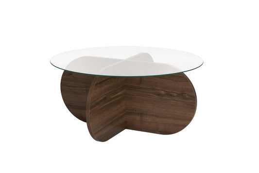 30" Walnut And Wheat Glass And Wood Round Abstract Coffee Table