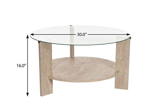30" Oak And Tan Glass And Wood Round Double Pedestal Coffee Table